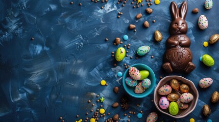 Sticker - Delicious chocolate easter eggs ,bunny and sweets on dark blue background