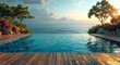 Wooden deck swimming pool in tropical hotel resort house with exotic view.Macro.AI Generative.