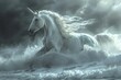 A white unicorn runs through the waves against the background of a storm