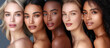 A  group of beautiful women with natural beauty and glowing smooth skin. Portrait of many attractive female fashion models with great skincare