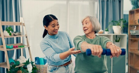 Poster - Senior care, help and physiotherapist with old woman, dumbbell and healthcare for fitness. Physio, rehabilitation and retirement with training, caregiver with elderly patient for mobility exercise