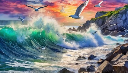 Wall Mural -  A backdrop that creates a symphony of sound, like crashing waves on a rocky beach