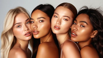 A  group of beautiful women with natural beauty and glowing smooth skin. Portrait of many attractive female fashion models with great skincare