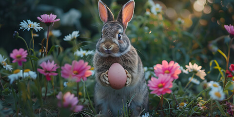 A playful domestic rabbit stands among tall grass, its fluffy brown fur blending with the natural surroundings as it guards a hidden nest of colorful easter, 