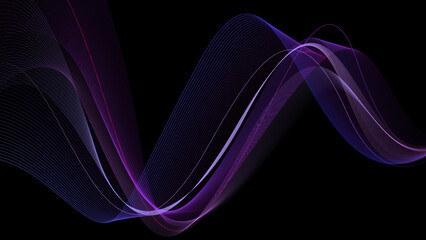 Wall Mural - Abstract purple wave lines flowing on black background. Dynamic gradient light wave design for technology, digital, communication concept. Vector