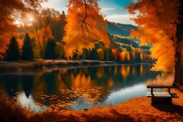 Canvas Print - autumn landscape with lake