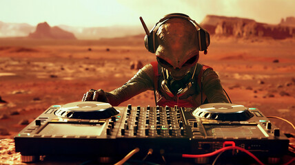 Wall Mural - an alien dj wearing headphones behind a dj rig on the surface of mars. generative ai