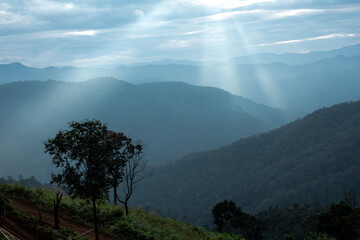 Wall Mural - Sun rays filter through the clouds in hills of the valley illuminated by the sun's rays filtering through the clouds