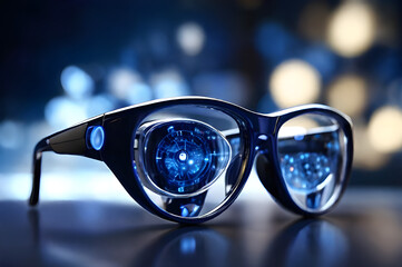 Closeup pair of digital eyeglass isolated on dark blue background. Vision care, Healthcare, ophthalmology,  concept. Reading, watching, working online late concept. Selective focus