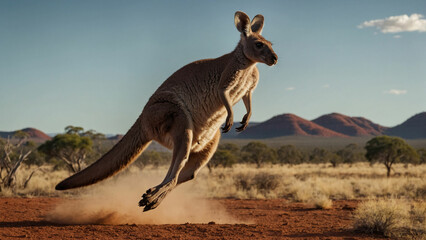 Wall Mural - A cute kangaroo mid jump in mid air against a backdrop of an outback landscape and showcasing the powerful grace of its movement