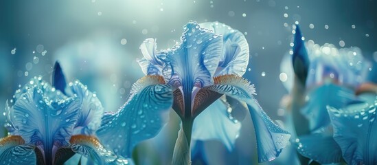 Sticker - A cluster of blue iris flowers covered in delicate water droplets, glistening under the morning light. The petals are a vibrant shade of blue, contrasting beautifully with the droplets that adorn them