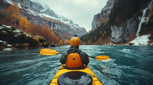 Close-up Of Whitewater Kayaking Down A River In The Mountains, Beautiful Landscape, Extreme Sport