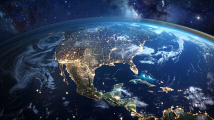 united states and north america from space at night with city lights showing human activity.