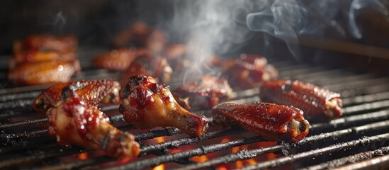 Poster - Close-up view of meat cooking on a grill, with smoking hot chicken wings sizzling and charred marks forming on the surface. The meat is being cooked at high heat, creating a mouth-watering aroma.