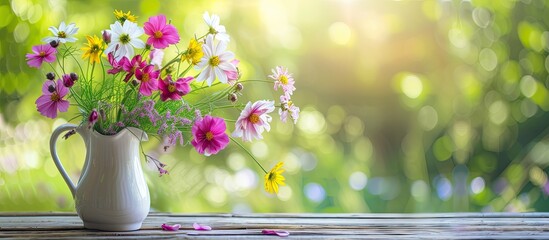 Sticker - A variety of colorful flowers fill a vase placed on a rustic wooden table, creating a vibrant display of nature against a green backdrop.