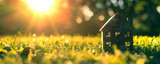 Fototapeta  - A small model home is placed on green grass, bathed in sunlight against an abstract background. Copy space with a home and life concept. A close up view of a tiny home model in a serene environment.