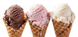 Strawberry, Chocolate and  Vanilla Ice cream in the cone on transparent background