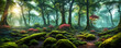 Enchanted forest. An otherworldly forest landscape with majestic ancient trees. Generative AI