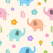Seamless pattern with elephant and flowers for your fabric, children textile, apparel, nursery decoration, gift wrap paper, baby's shirt.