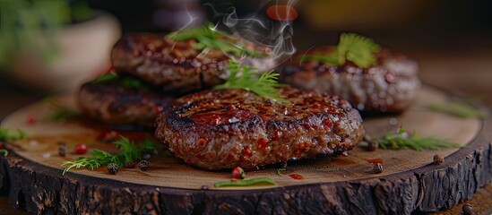 Canvas Print - A close-up view of a cooked steak placed on a rustic wooden plate. The steak appears juicy and flavorful, with visible grill marks. The wooden plate adds a touch of charm to the presentation.