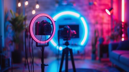 A ring light with LED neon lamp stands prominently on a tripod, flanked by a DSLR camera on another tripod, in a studio bathed in moody blue and red lighting.