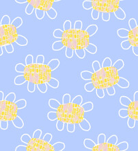 Childish Drawing-like Floral Seamless Vector Pattern.Abstract Daisy Flowers On A Light Blue Background. Infantile Style Flowers With White Petals And Yellow Pistil.Cute Abstract Blue Garden Print.RGB.
