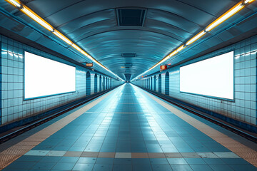 An empty subway station with blue tiles and bright lights illuminating the underground space, mockups