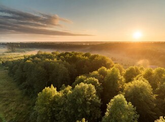 Poster - Sunrise over the woods. Aerial view. Travel Background with Copy Space on the Sky.