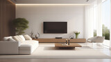 Fototapeta  - Modern Living Room Interior with White Furniture, Wooden Elements and Large Window