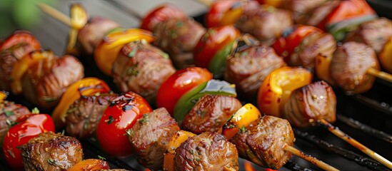 Canvas Print - A close-up view of meat and vegetables grilling on a hot grill. The meat appears to be charred and sizzling, while the vegetables are colorful and juicy.