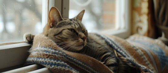 Canvas Print - A domestic cat is peacefully sleeping on a soft plaid blanket placed on a cozy window sill near a warm radiator. The cat looks comfortable and relaxed in the cozy setting.