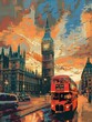 Poster of London with the red double decker bus and Big Ben, decorative paintings, stencil art, generated with AI