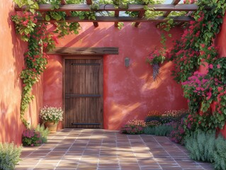 Wall Mural - exterior view of a rustic red adobe wall, mexican style and one pergola with vines and bunches of grapes, watercolor, generated with AI