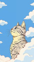 Wall Mural - Hand drawn cartoon illustration of cat looking at the sky
