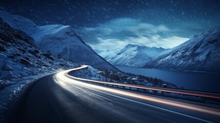 Poster - A picturesque Night Landscape of an empty mountain road in winter near high mountains, a river during a snowfall.