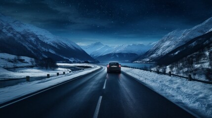 Poster - A Picturesque Winter Night Landscape. View of a car driving along an empty road under the night starry sky near high snowy Mountains.