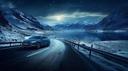 Poster - A Picturesque Winter Night Landscape. View of a car driving along an empty mountain road under the night starry sky.