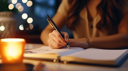 writing and notebook for working at night on creative ideas, strategy or schedule at a desk. Closeup of entrepreneur woman with pen and notes for planning, information or goals for a project