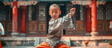 A Focused Shaolin Monk Child Demonstrates A Powerful Martial Arts Stance Against A Backdrop Of Vivid Temple Details And Intricate Patterns.
