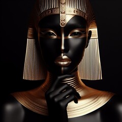 Wall Mural - Golden egyptian black woman on a black background. 