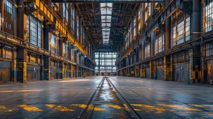 Industrial warehouse interior with a symmetrical array factory plant