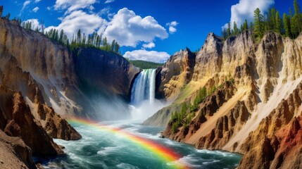 Poster - A beautiful rainbow over a waterfall among beautiful rocks against a background of blue sky with white clouds.
