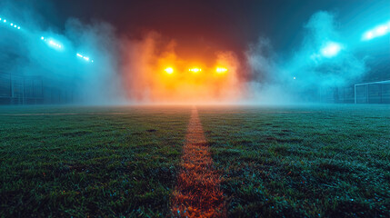 Wall Mural - Soccer Game Field with Neon Fog at the Center and Midfield