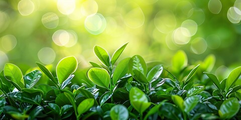 Wall Mural - Close up of green tea leaves on blurred greenery background with sunlight.