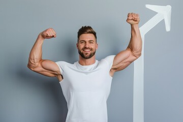 a man with a muscular build is posing with his arms raised in the air