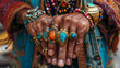 Crop female multicolored hand in rings, generative ai