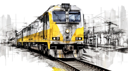 A charming watercolor sketch of a train with yellow gray lines