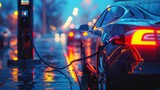 Fototapeta  - A close-up view of an electric vehicle being charged, capturing the vibrant reflections of street lights on a rainy evening.