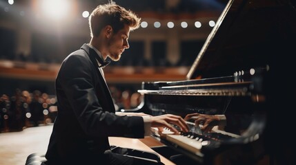 a man in a suit is playing a piano in front of an audience