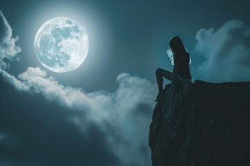 Poster - A woman sits on a rock in the dark, looking up at the moon